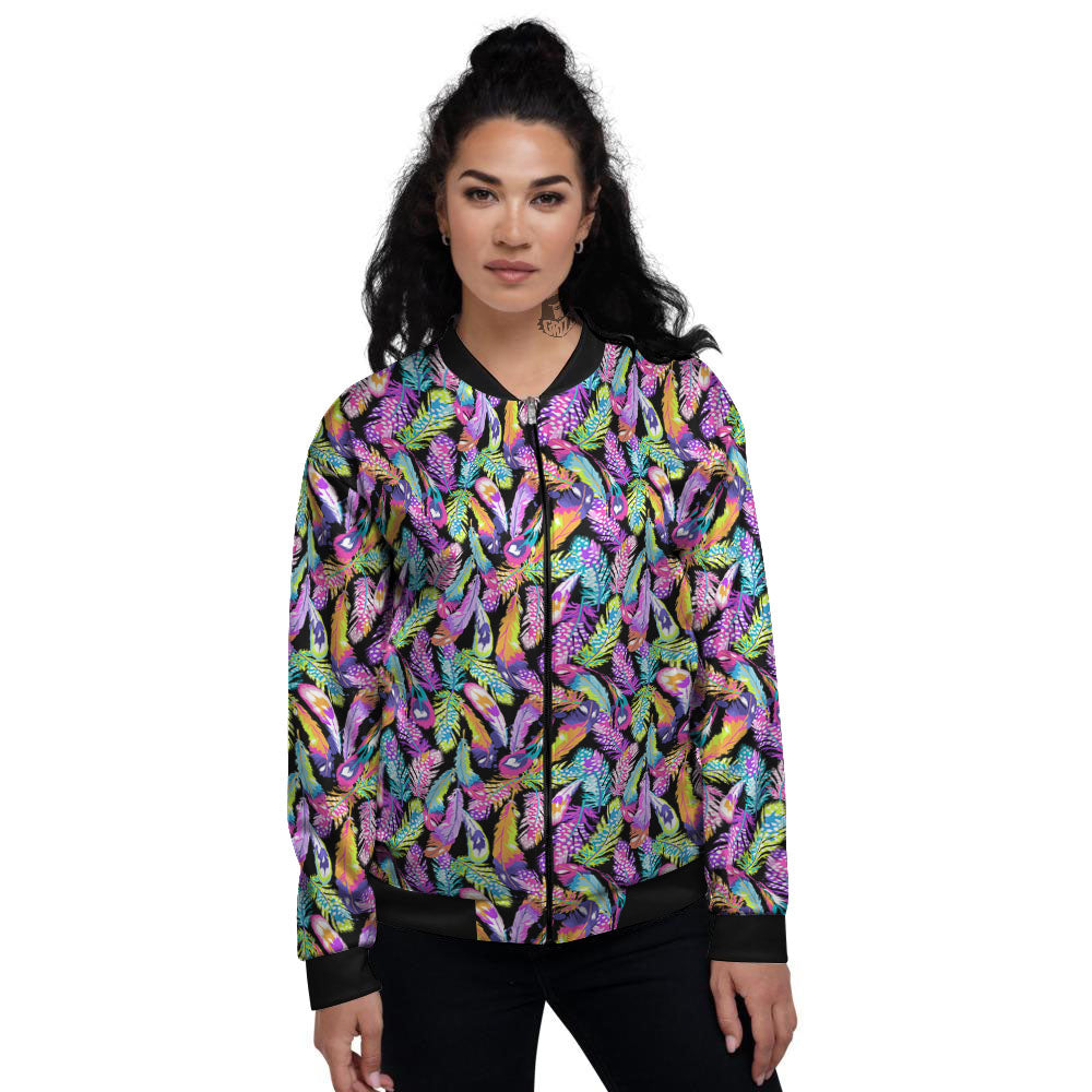 Feather Colorful Print Pattern Women's Bomber Jacket-grizzshop