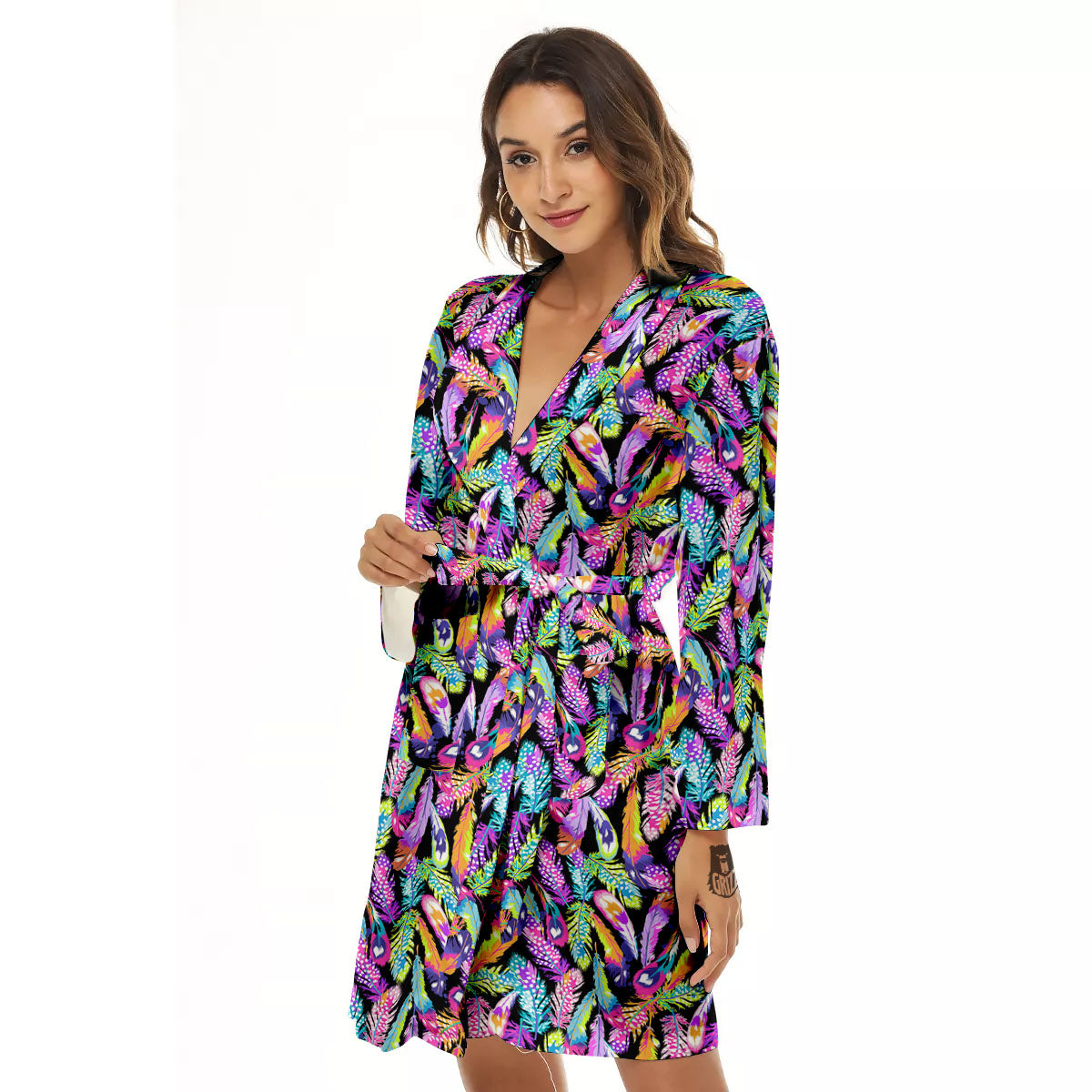 Feather Colorful Print Pattern Women's Robe-grizzshop