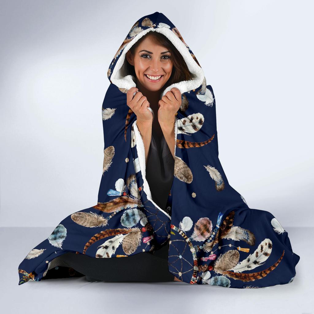 Feather Dream Catcher Blue Boho Hooded Blanket-grizzshop