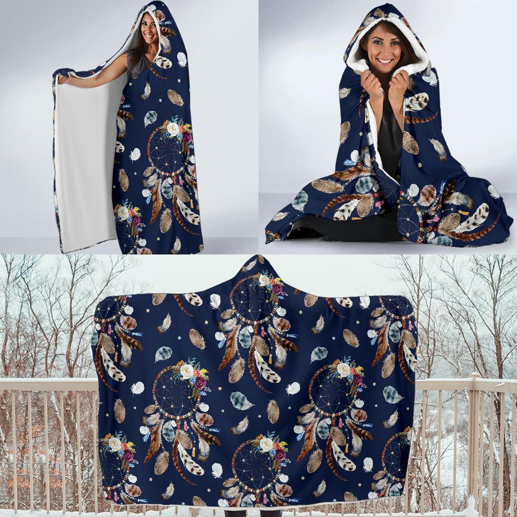 Feather Dream Catcher Blue Boho Hooded Blanket-grizzshop