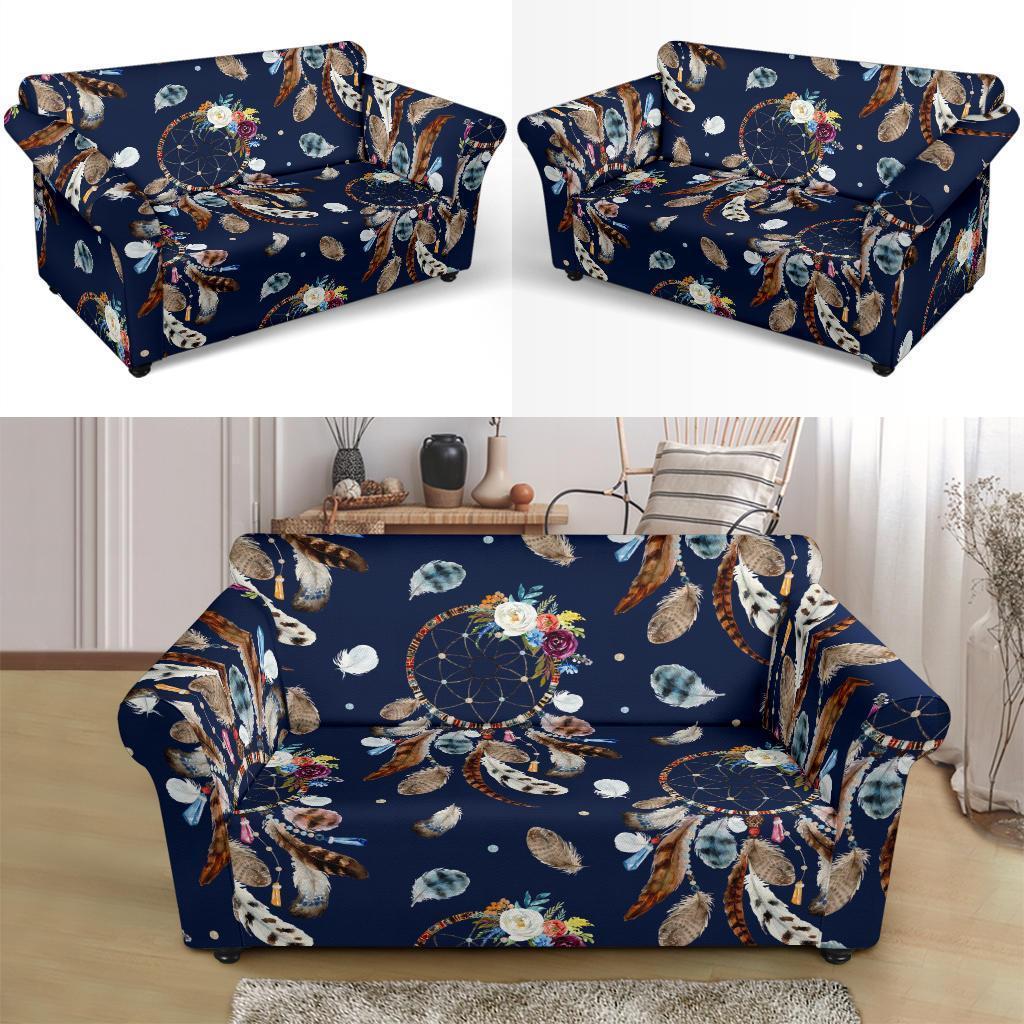 Feather Dream Catcher Blue Boho Loveseat Cover-grizzshop