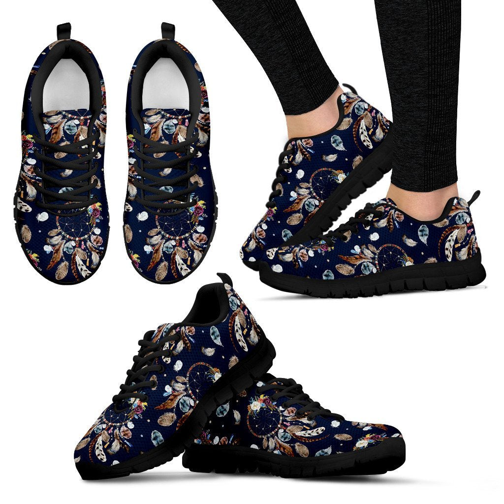 Feather Dream Catcher Blue Boho Pattern Print Black Sneaker Shoes For Men Women-grizzshop