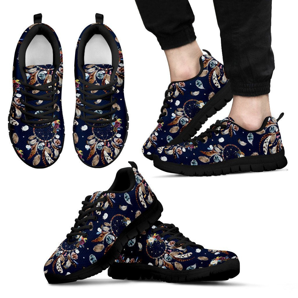 Feather Dream Catcher Blue Boho Pattern Print Black Sneaker Shoes For Men Women-grizzshop