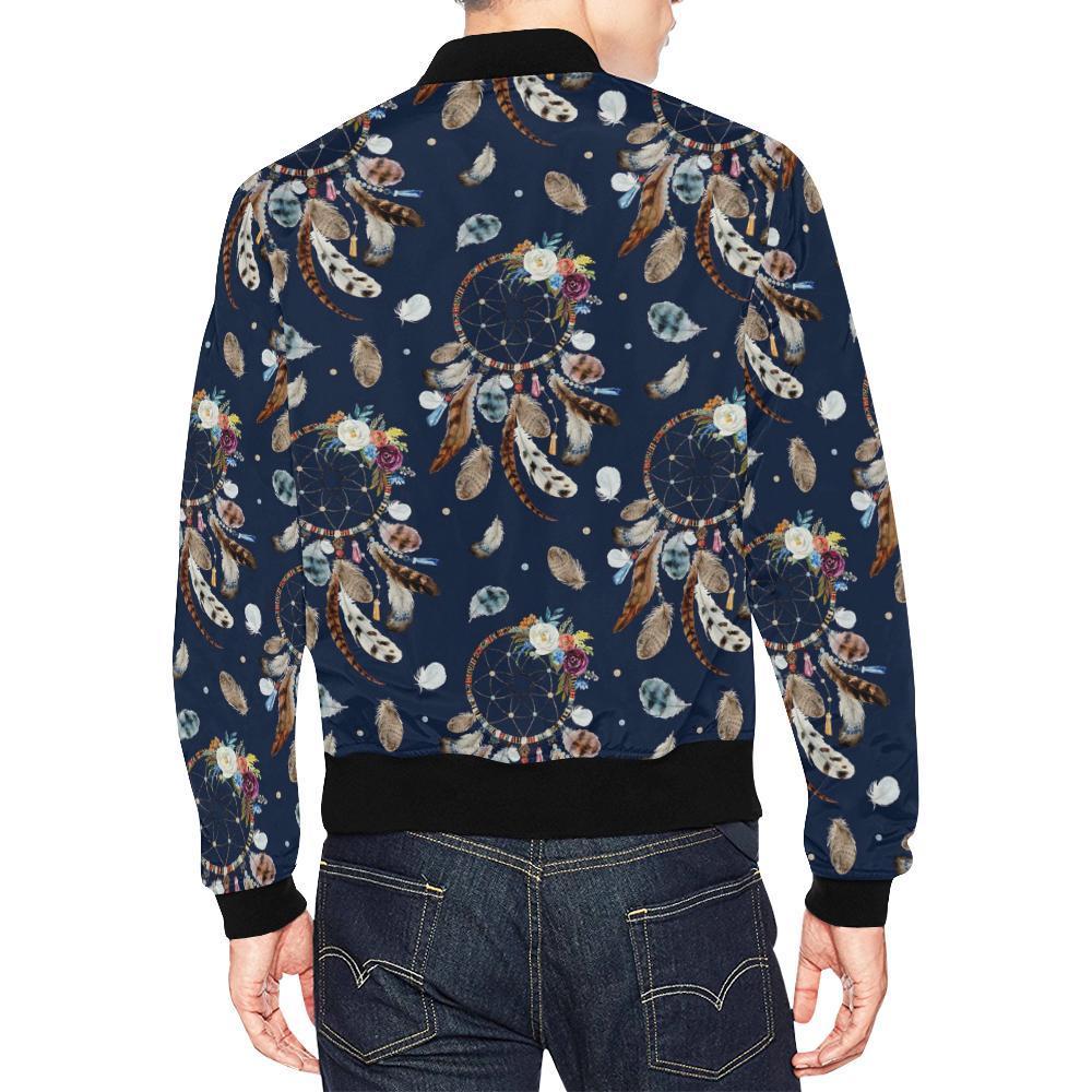 Feather Dream Catcher Blue Boho Pattern Print Men's Bomber Jacket-grizzshop