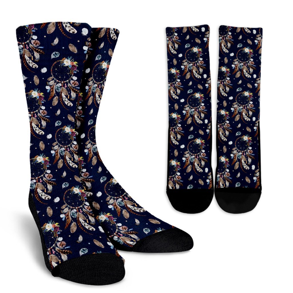 Feather Dream Catcher Blue Boho Pattern Print Unisex Crew Socks-grizzshop