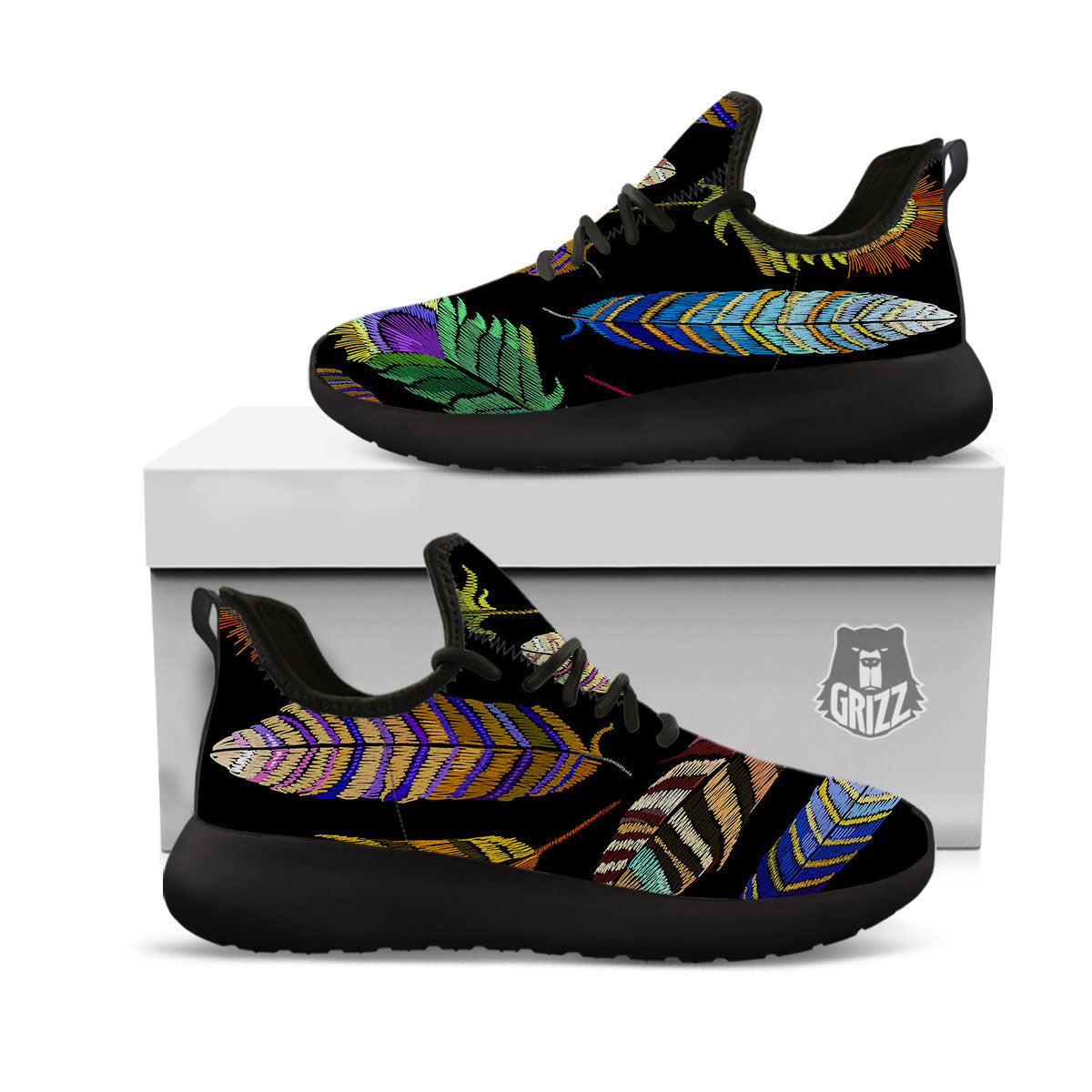 Feather Embroidery Peacock Print Black Athletic Shoes-grizzshop