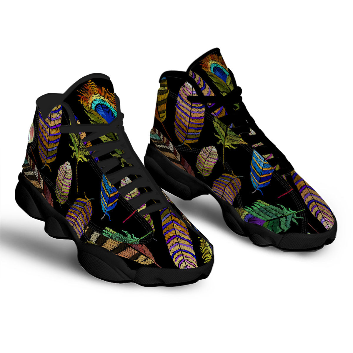 Feather Embroidery Peacock Print Black Basketball Shoes-grizzshop