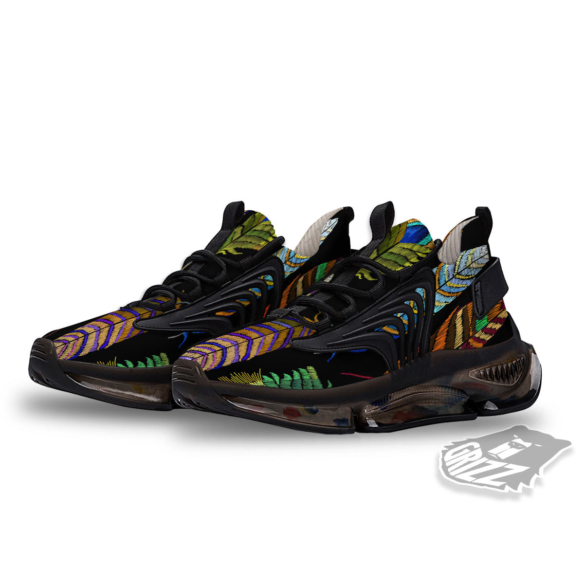 Feather Embroidery Peacock Print Black Gym Shoes-grizzshop