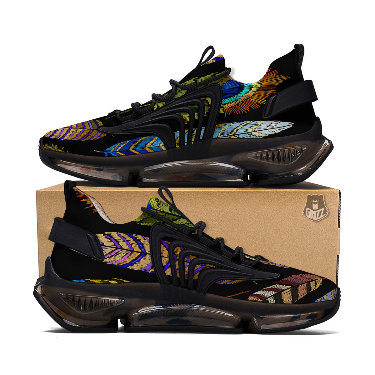 Feather Embroidery Peacock Print Black Gym Shoes-grizzshop