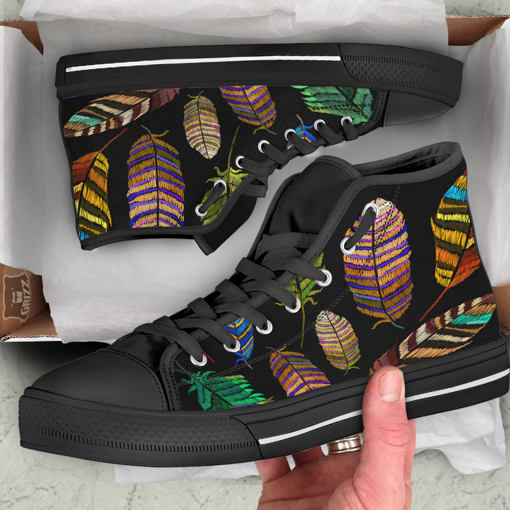 Feather Embroidery Peacock Print Black High Top Shoes-grizzshop