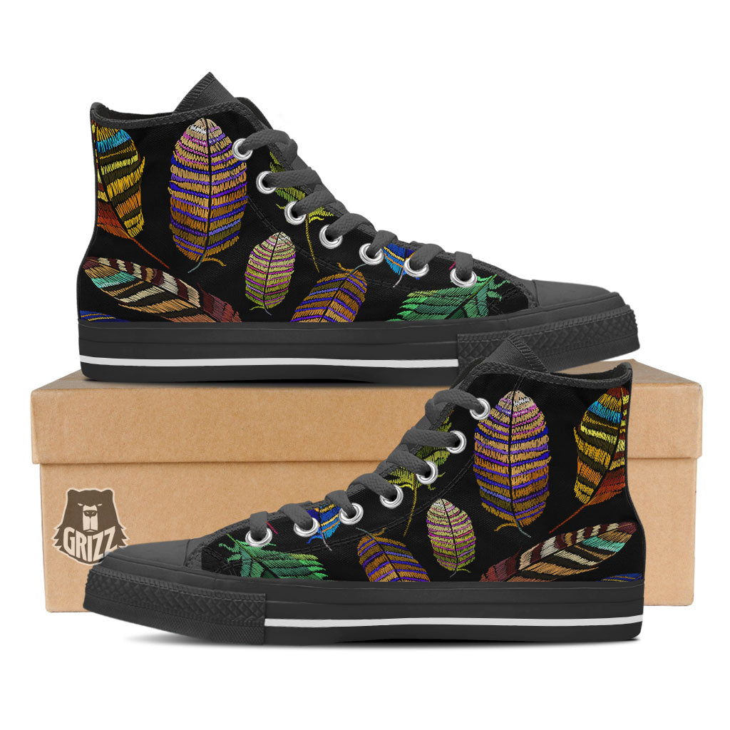 Feather Embroidery Peacock Print Black High Top Shoes-grizzshop