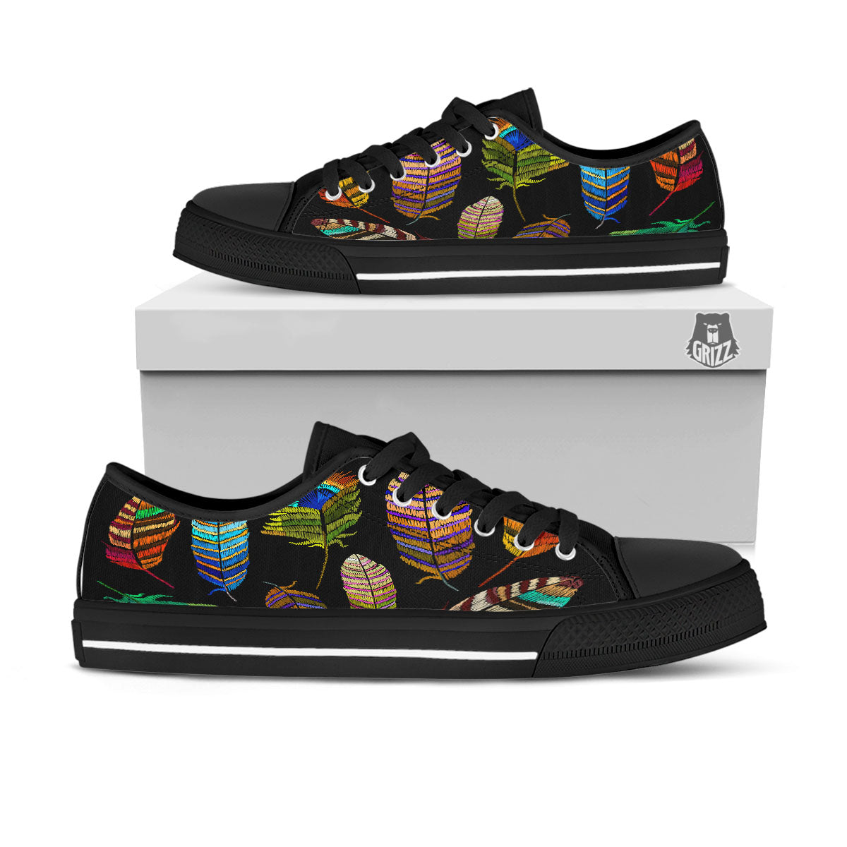 Feather Embroidery Peacock Print Black Low Top Shoes-grizzshop