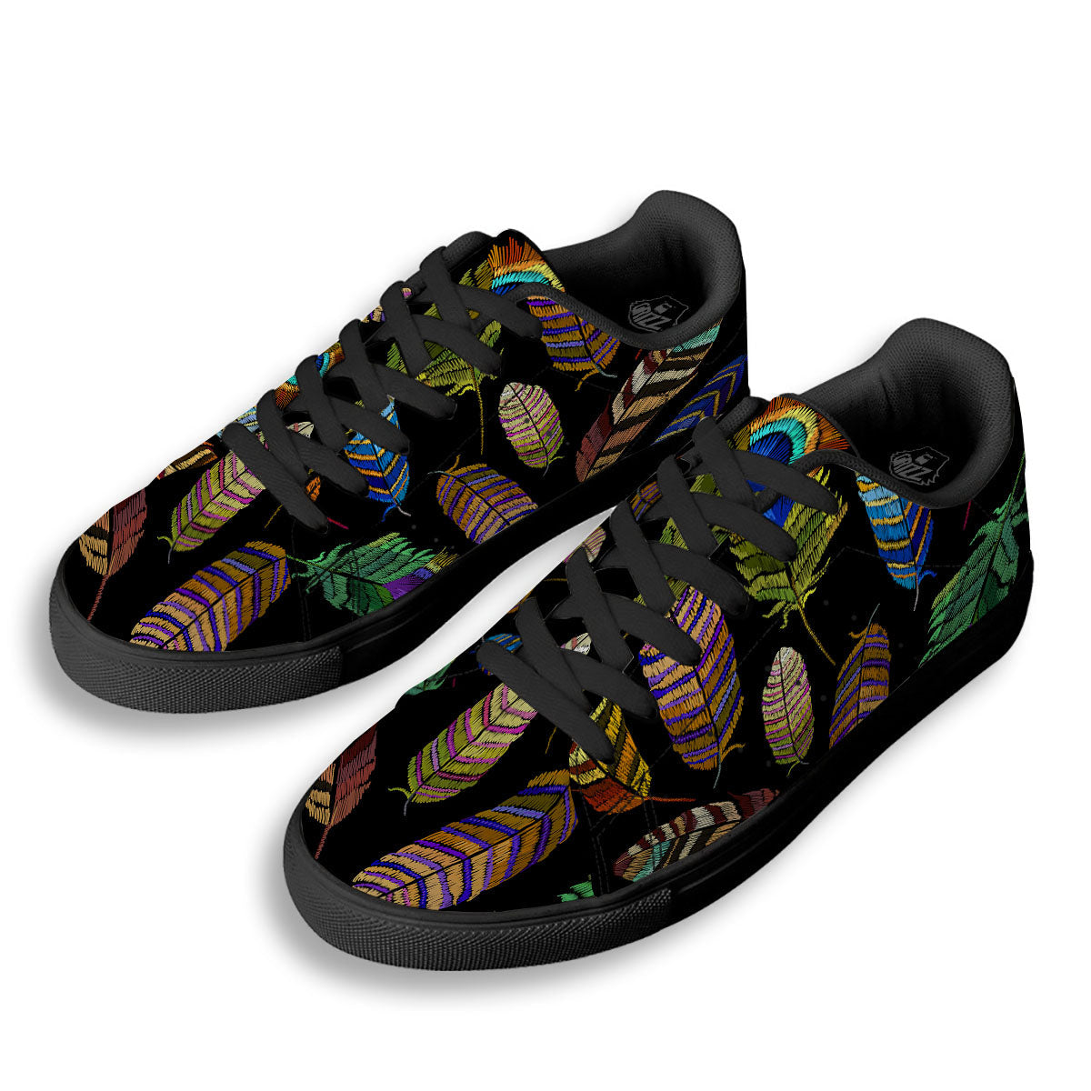 Feather Embroidery Peacock Print Black Low Top Sneakers-grizzshop