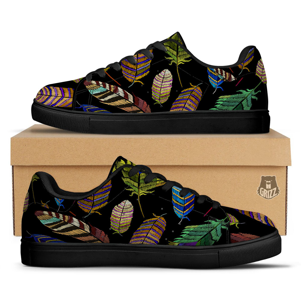 Feather Embroidery Peacock Print Black Low Top Sneakers-grizzshop