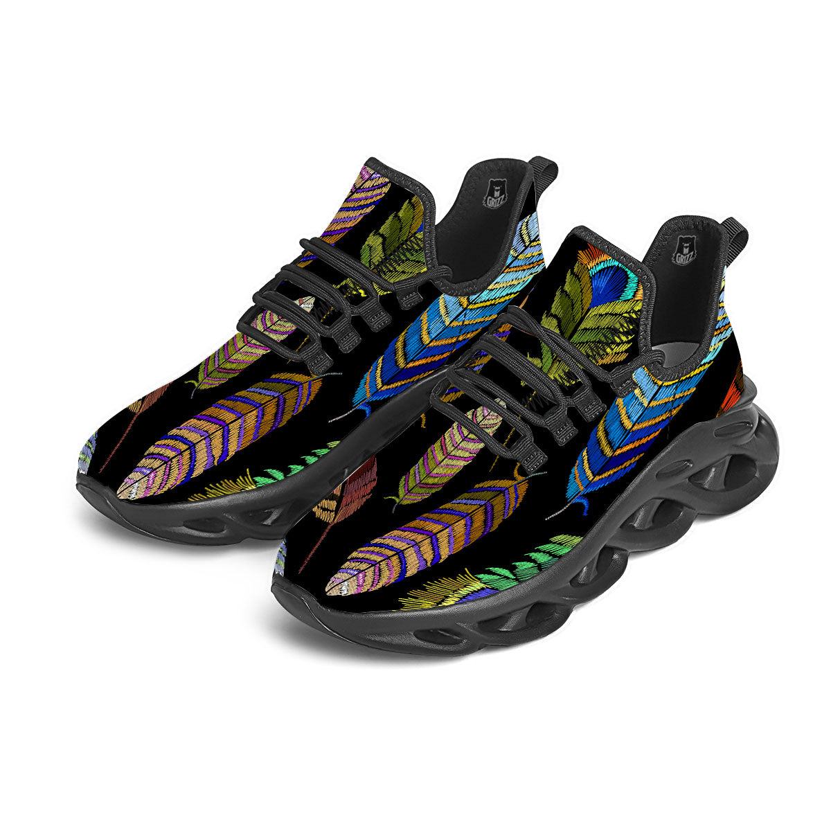 Feather Embroidery Peacock Print Black Running Shoes-grizzshop
