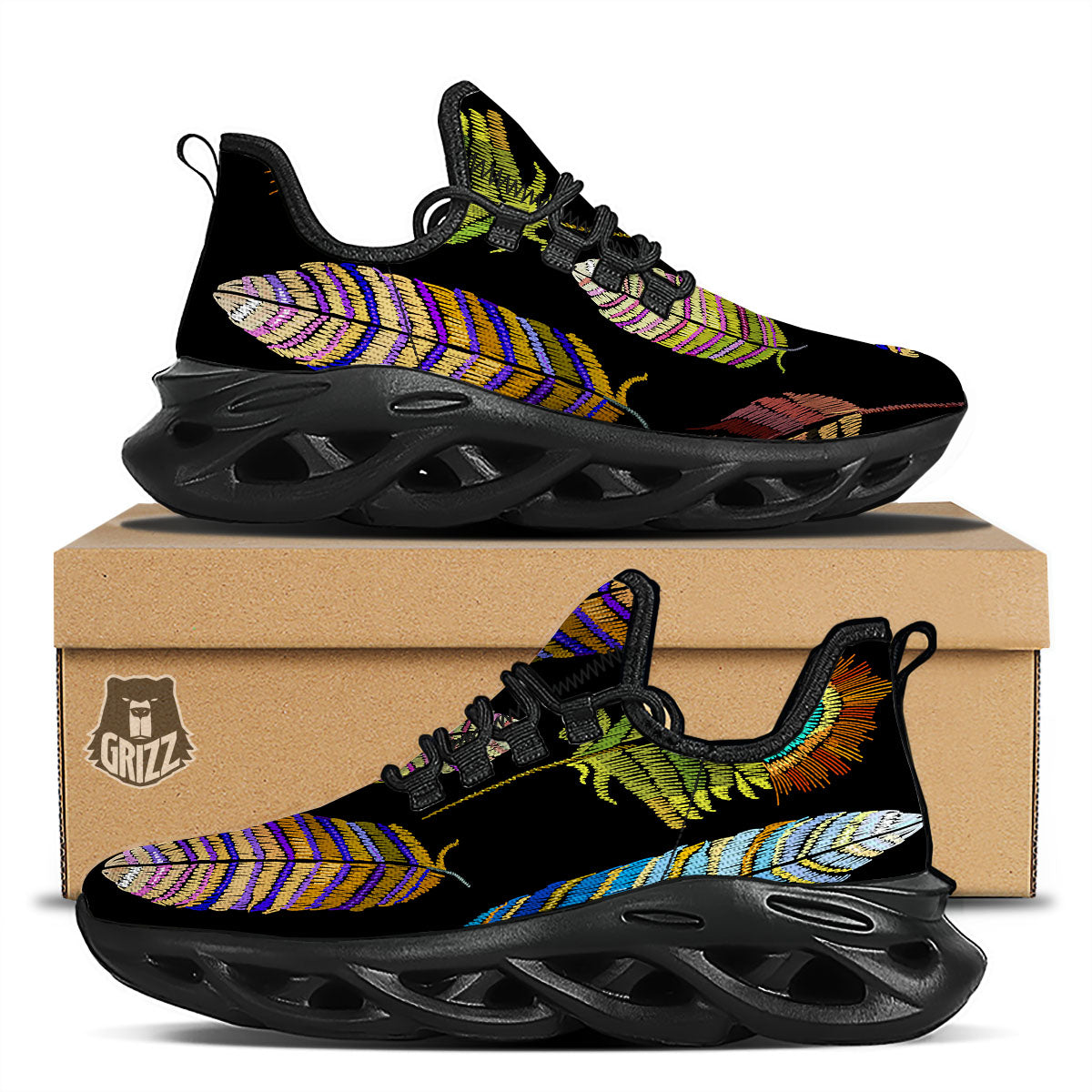 Feather Embroidery Peacock Print Black Running Shoes-grizzshop