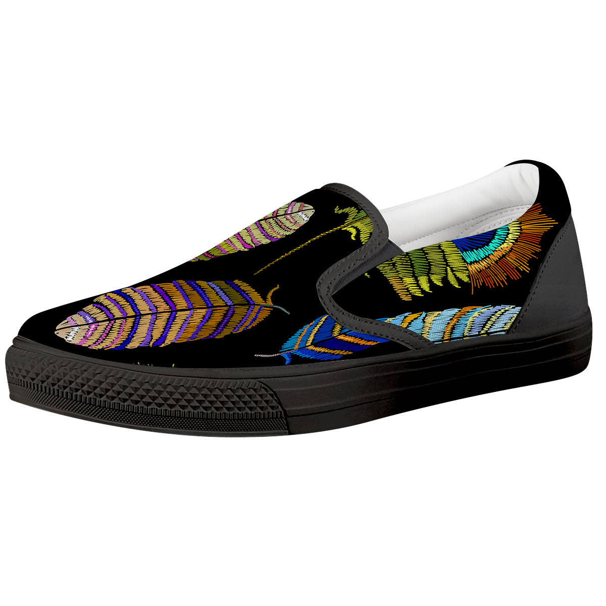 Feather Embroidery Peacock Print Black Slip On Shoes-grizzshop