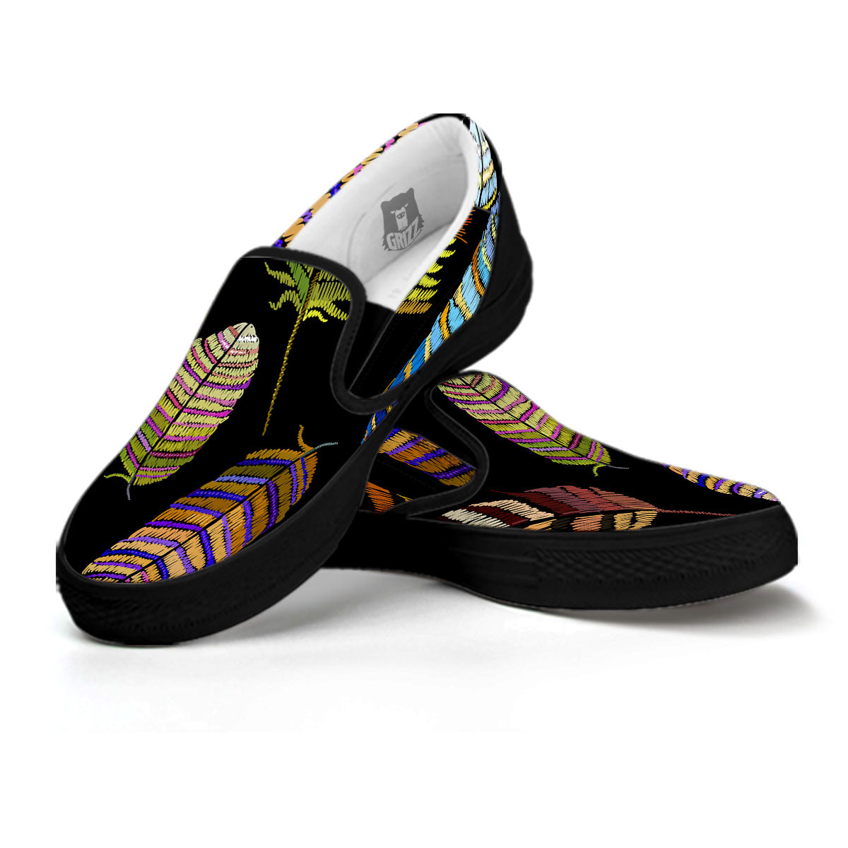 Feather Embroidery Peacock Print Black Slip On Shoes-grizzshop