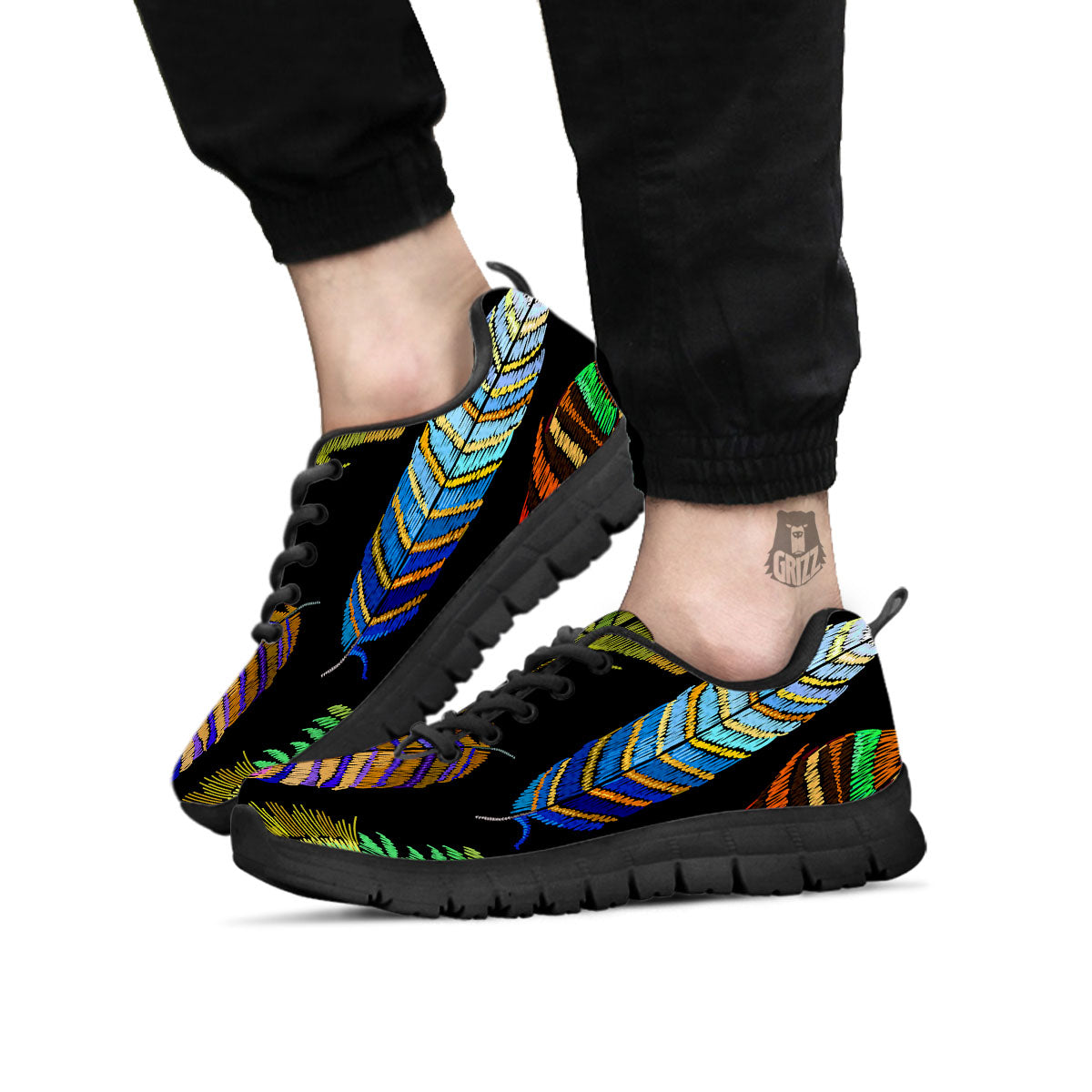 Feather Embroidery Peacock Print Black Sneaker-grizzshop