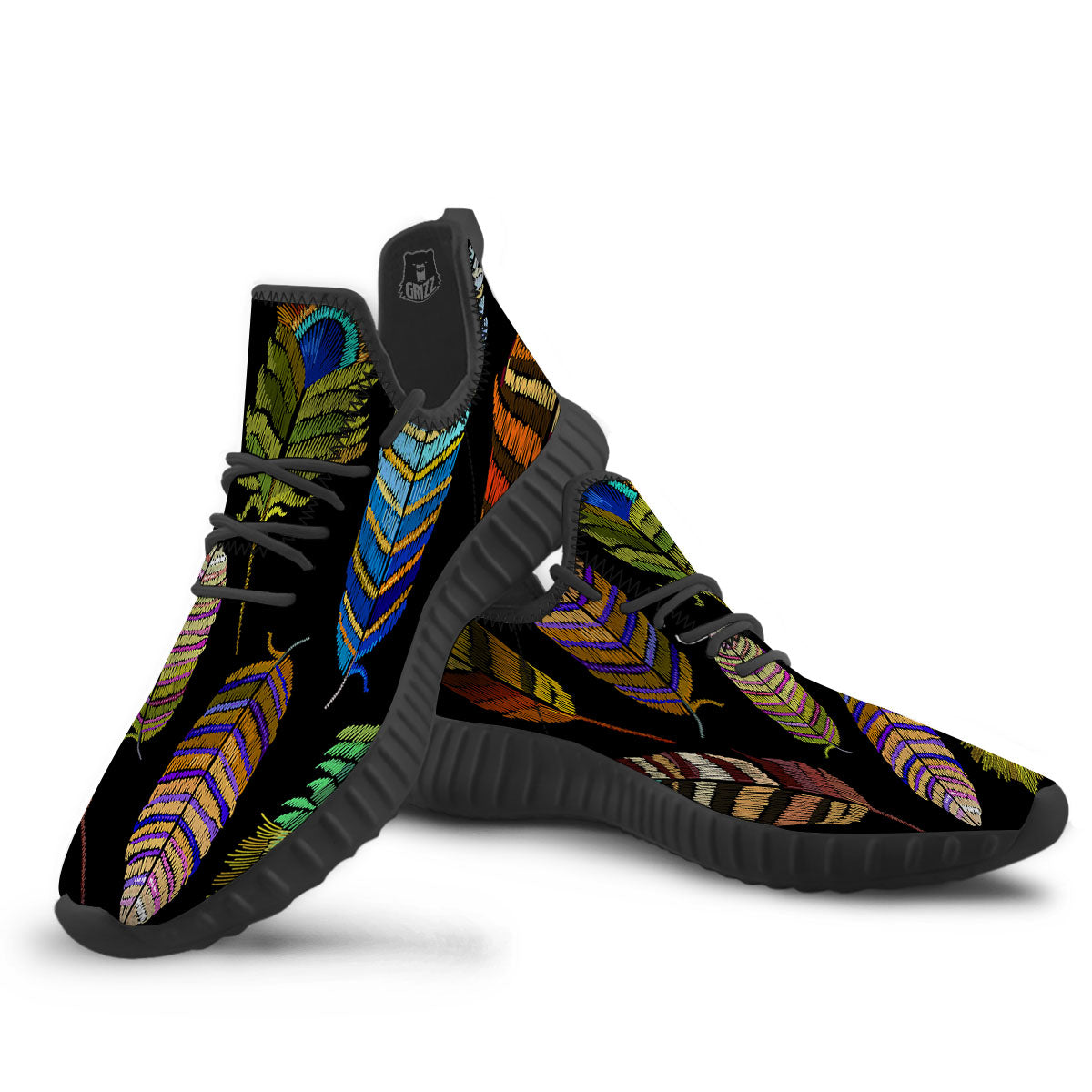 Feather Embroidery Peacock Print Black Walking Shoes-grizzshop