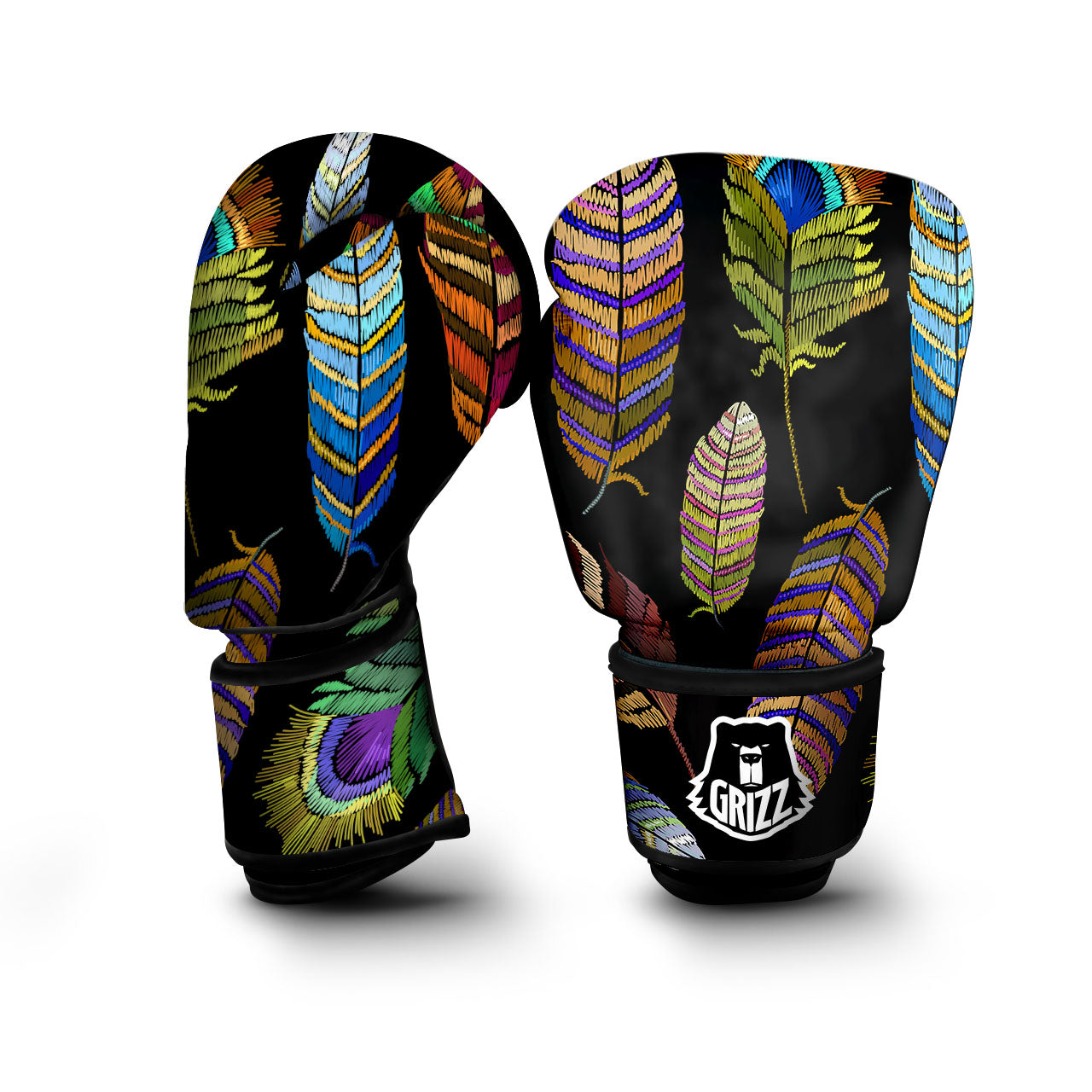 Feather Embroidery Peacock Print Boxing Gloves-grizzshop