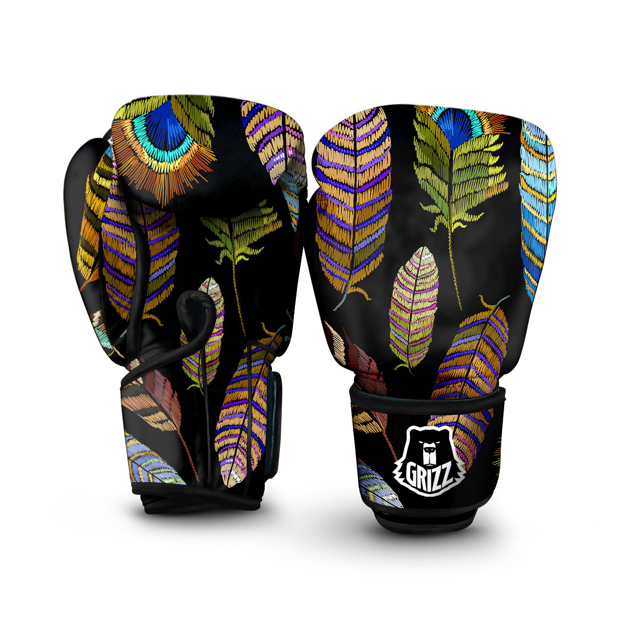 Feather Embroidery Peacock Print Boxing Gloves-grizzshop