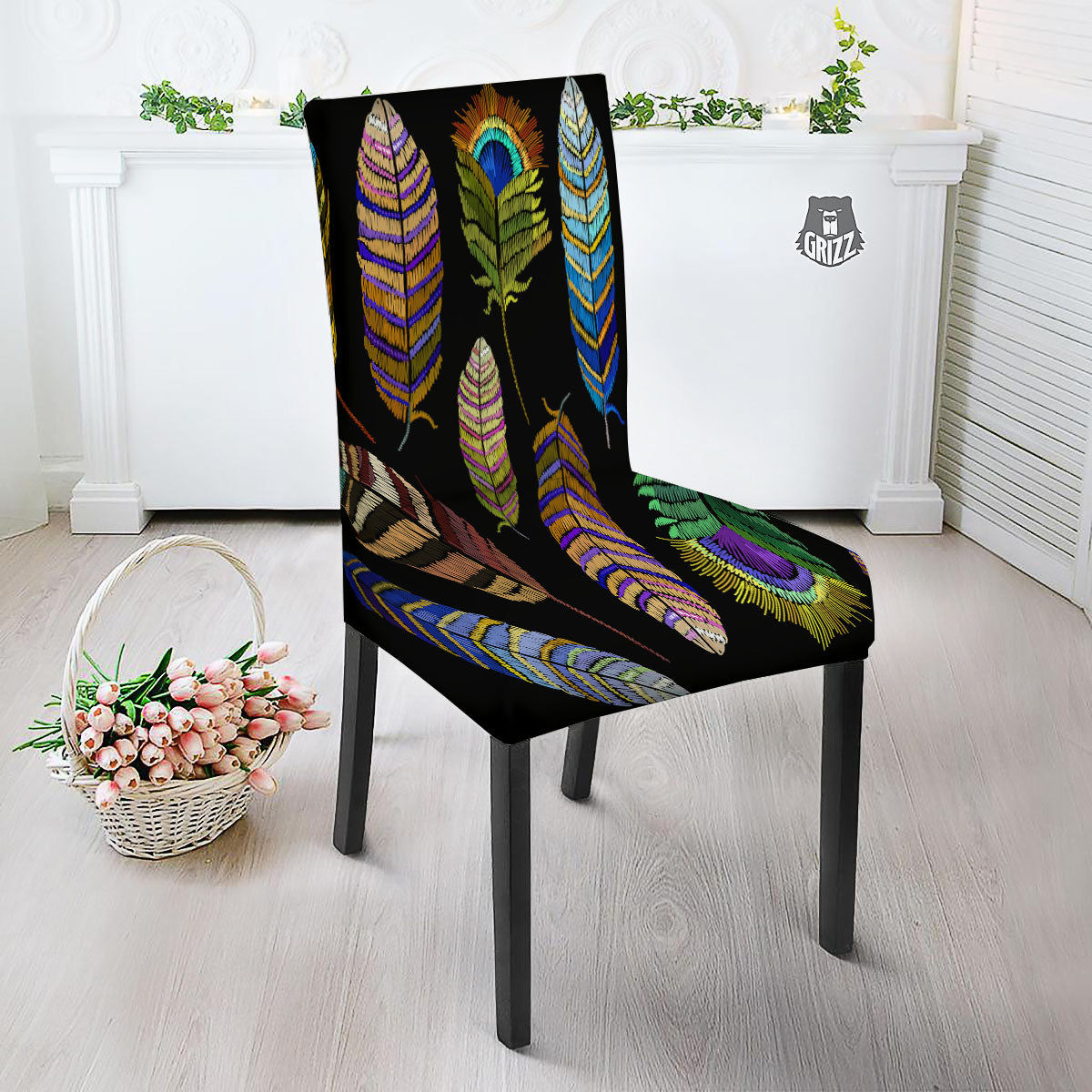 Feather Embroidery Peacock Print Dining Chair Slipcover-grizzshop