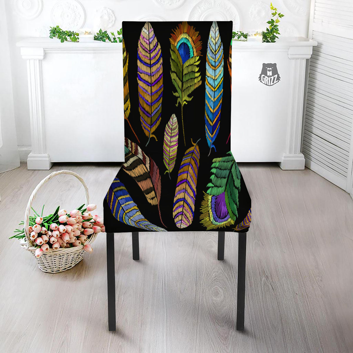 Feather Embroidery Peacock Print Dining Chair Slipcover-grizzshop