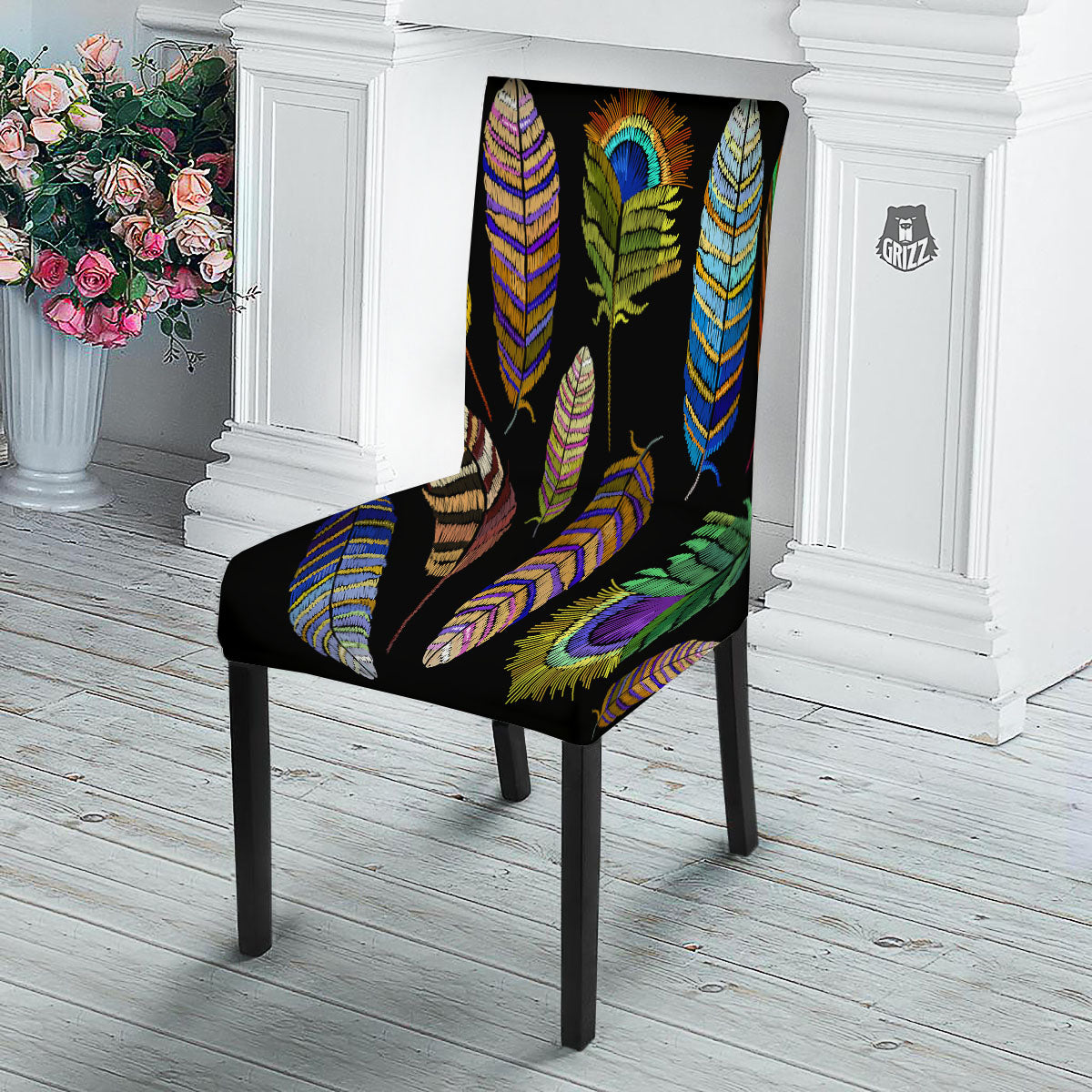 Feather Embroidery Peacock Print Dining Chair Slipcover-grizzshop