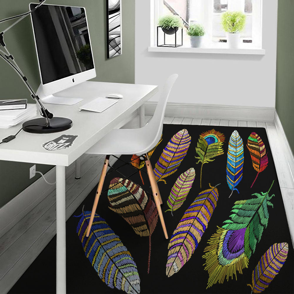 Feather Embroidery Peacock Print Floor Mat-grizzshop