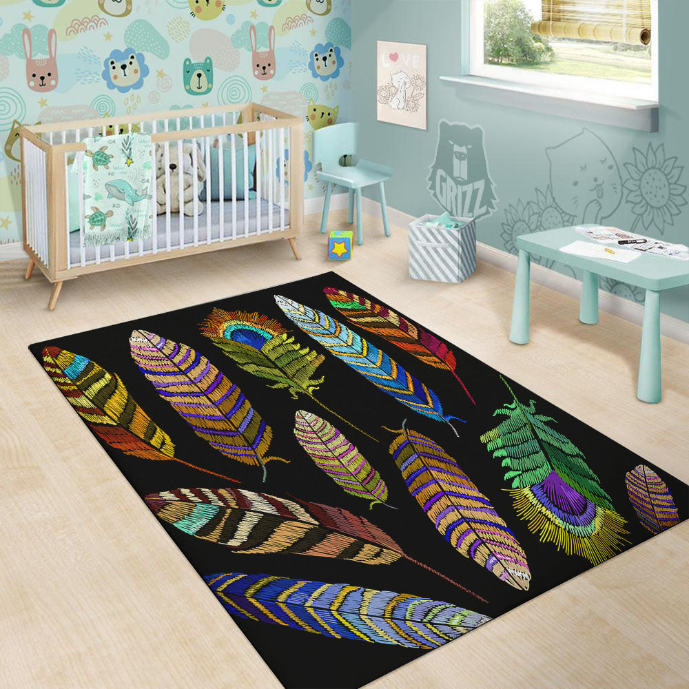 Feather Embroidery Peacock Print Floor Mat-grizzshop
