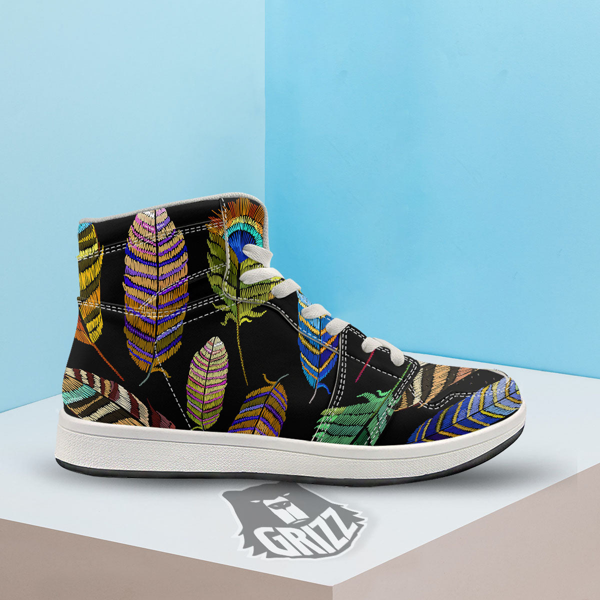 Feather Embroidery Peacock Print High Top Sneakers-grizzshop