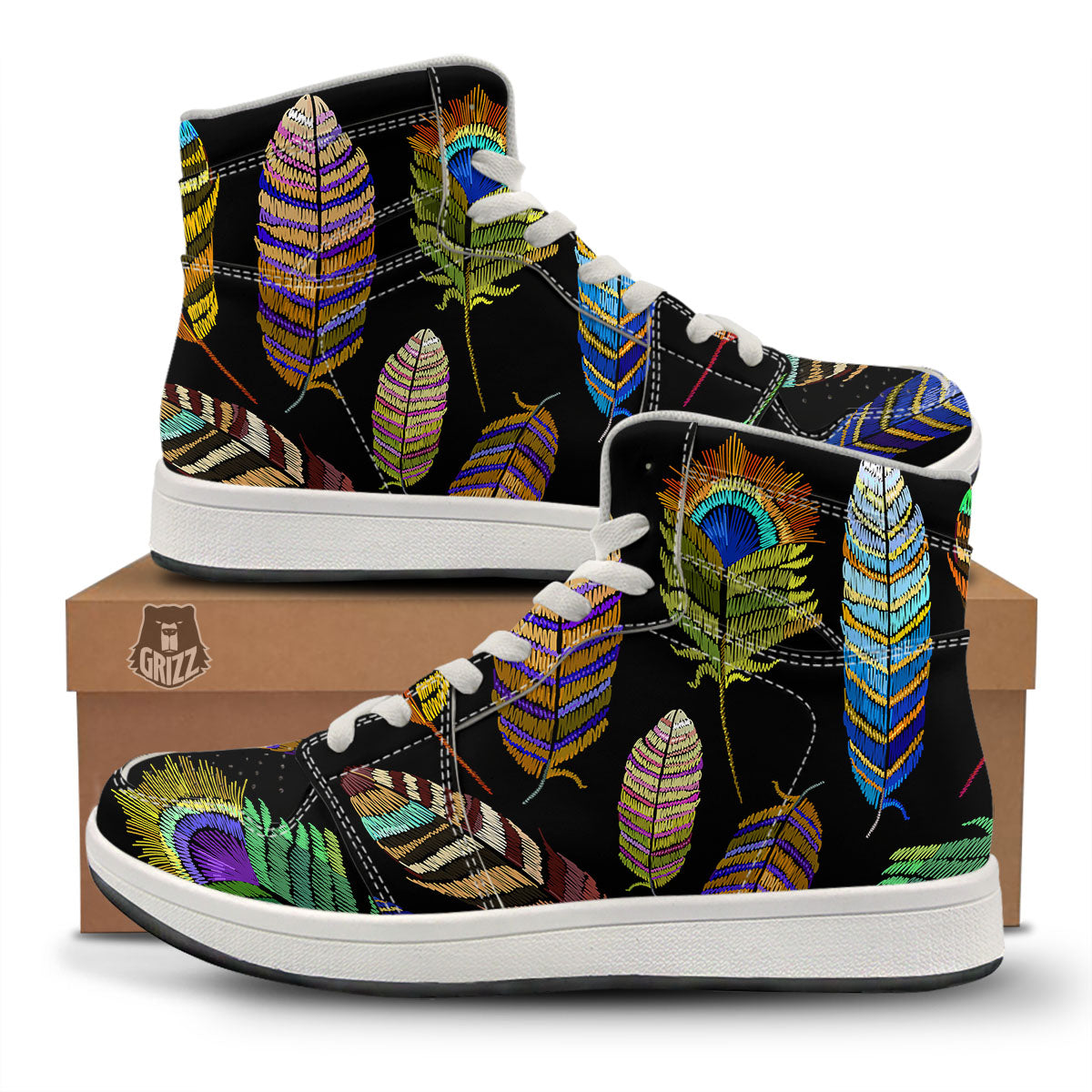 Feather Embroidery Peacock Print High Top Sneakers-grizzshop