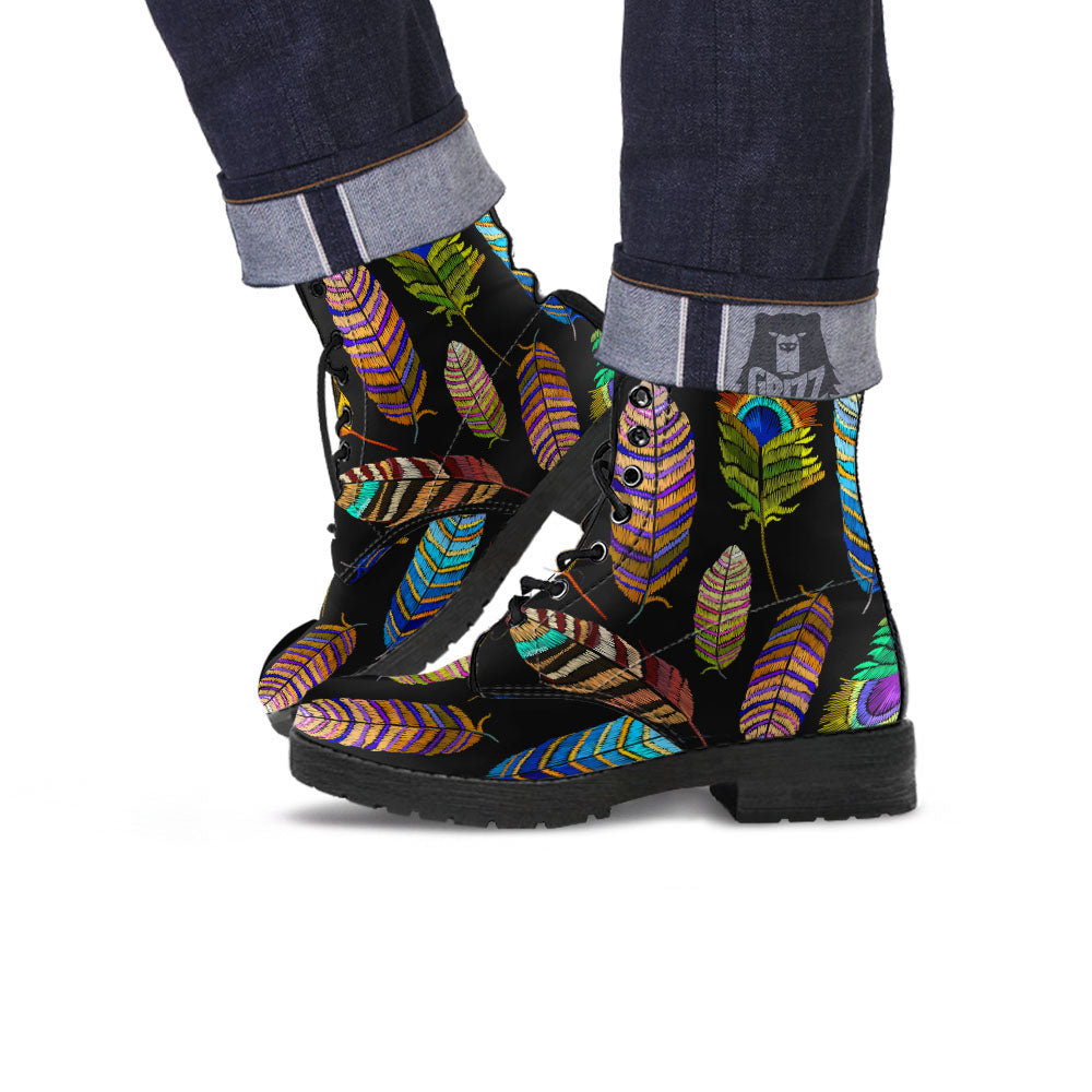 Feather Embroidery Peacock Print Leather Boots-grizzshop