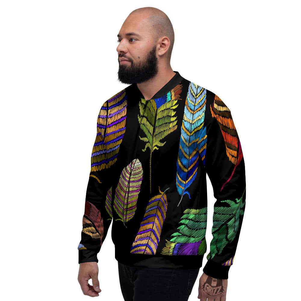 Feather Embroidery Peacock Print Men's Bomber Jacket-grizzshop
