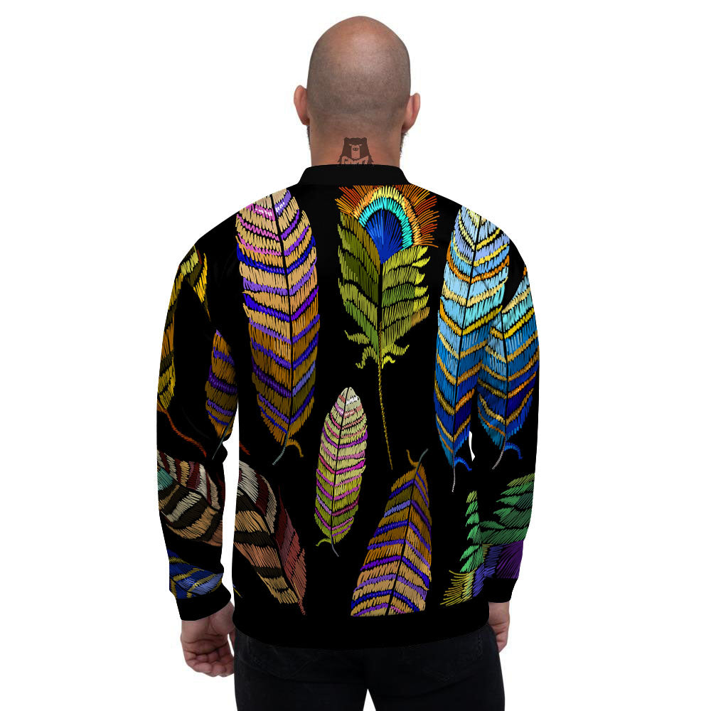 Feather Embroidery Peacock Print Men's Bomber Jacket-grizzshop