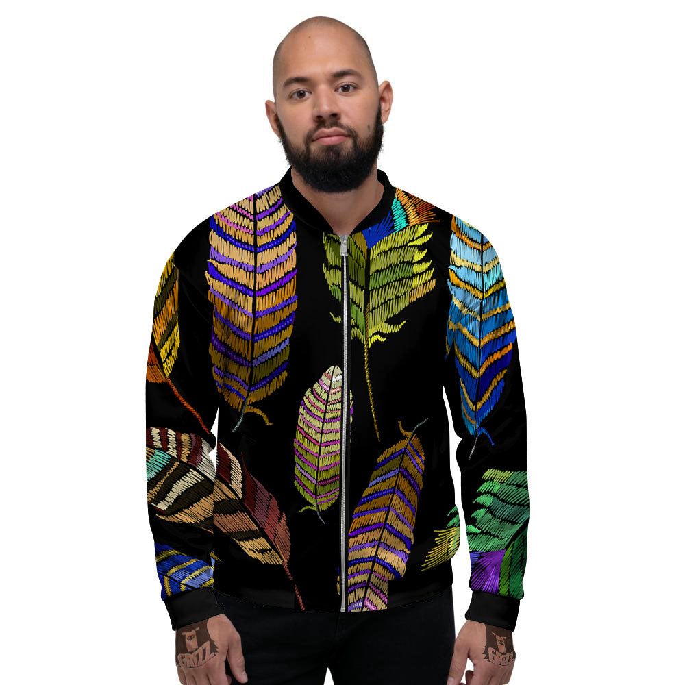 Feather Embroidery Peacock Print Men's Bomber Jacket-grizzshop