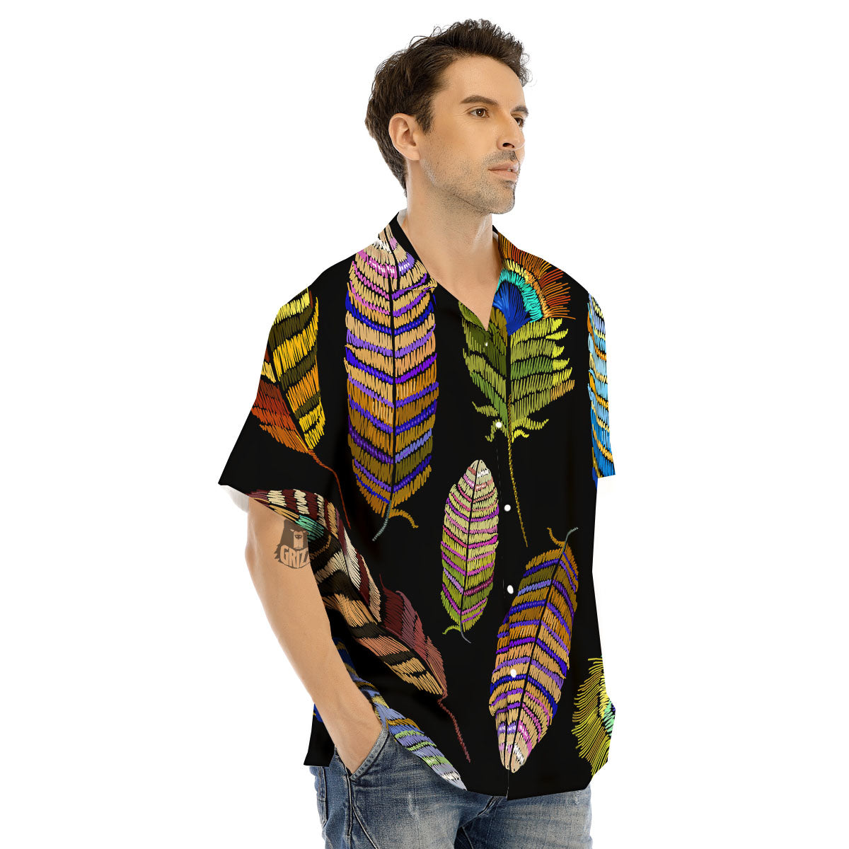 Feather Embroidery Peacock Print Men's Hawaiian Shirt-grizzshop