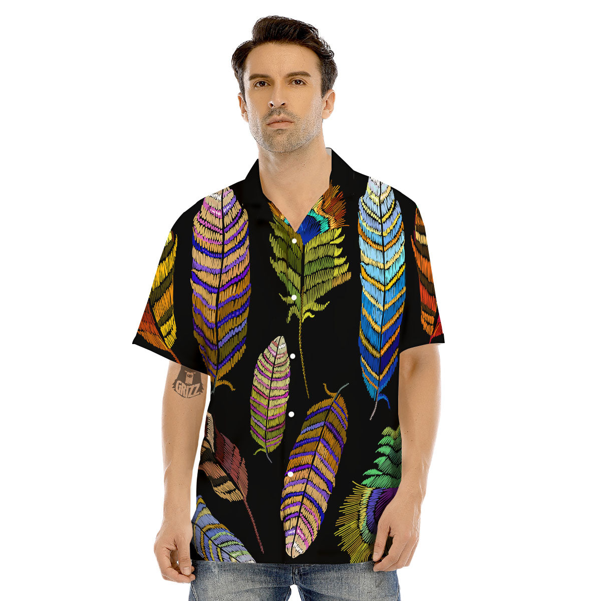 Feather Embroidery Peacock Print Men's Hawaiian Shirt-grizzshop