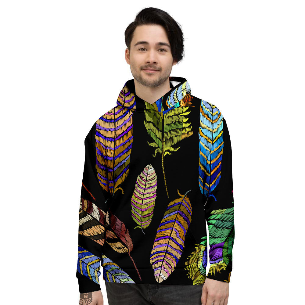Feather Embroidery Peacock Print Men's Hoodie-grizzshop