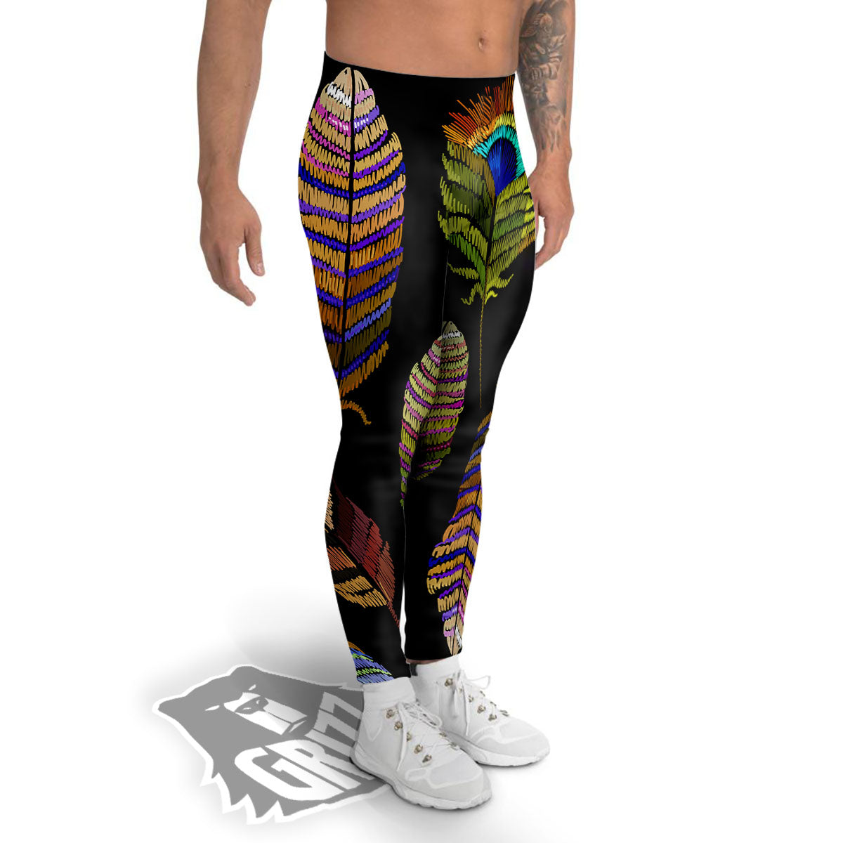 Feather Embroidery Peacock Print Men's Leggings-grizzshop