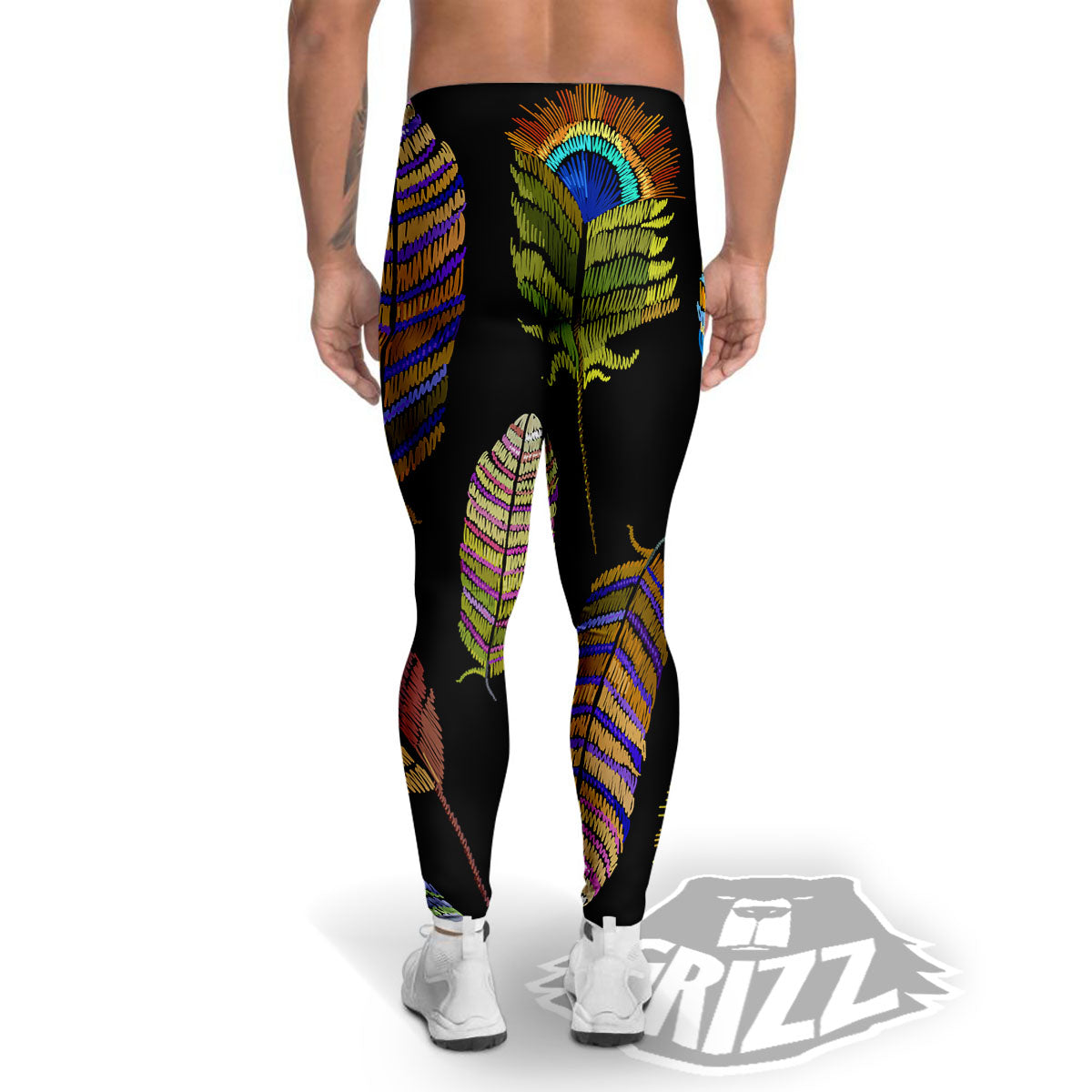 Feather Embroidery Peacock Print Men's Leggings-grizzshop
