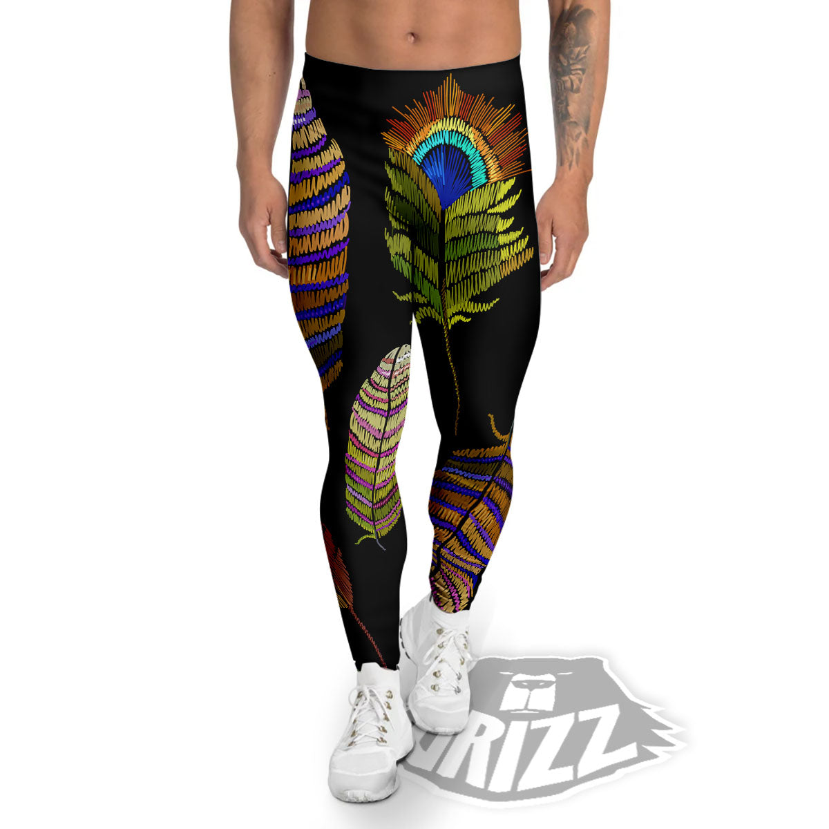 Feather Embroidery Peacock Print Men's Leggings-grizzshop