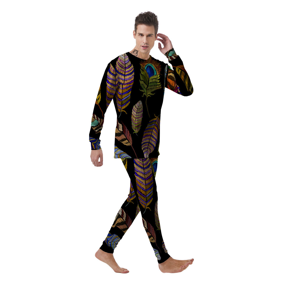 Feather Embroidery Peacock Print Men's Pajamas-grizzshop