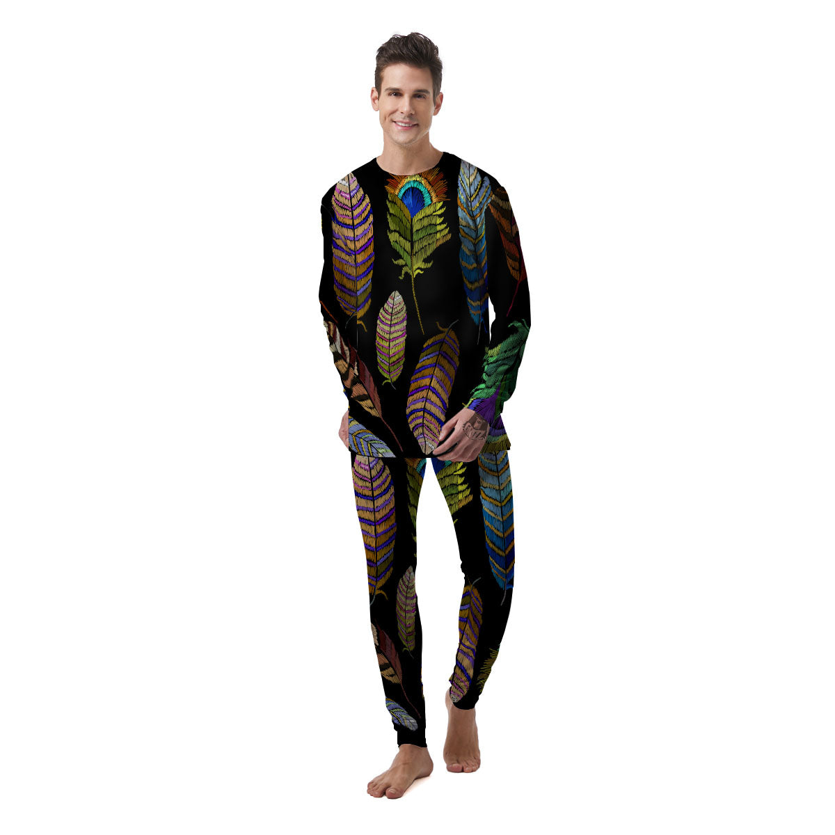 Feather Embroidery Peacock Print Men's Pajamas-grizzshop