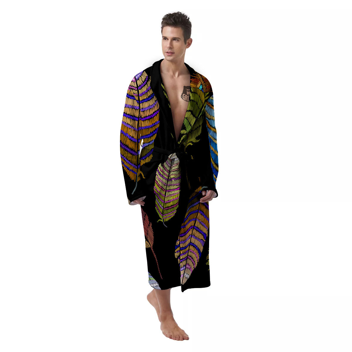 Feather Embroidery Peacock Print Men's Robe-grizzshop