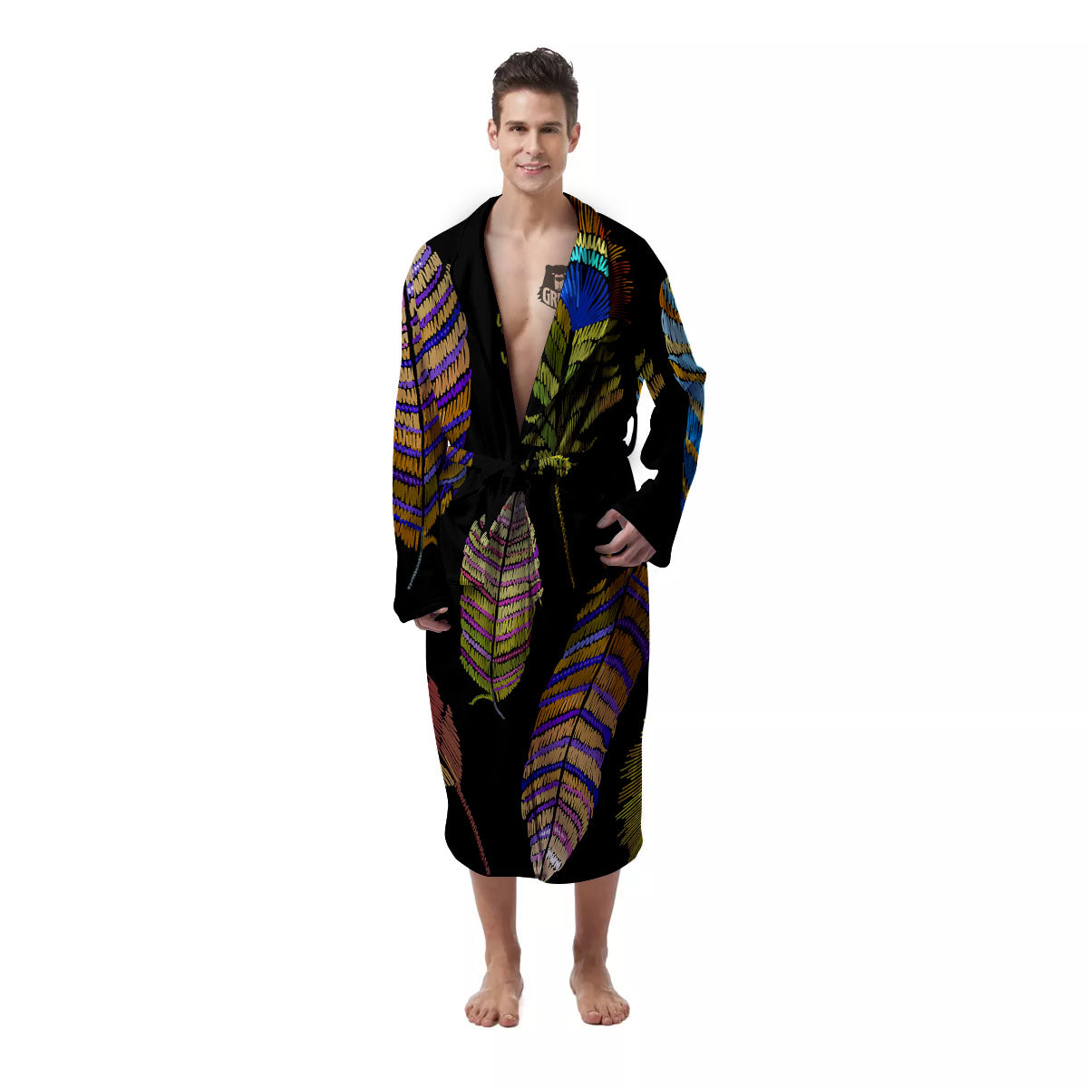 Feather Embroidery Peacock Print Men's Robe-grizzshop
