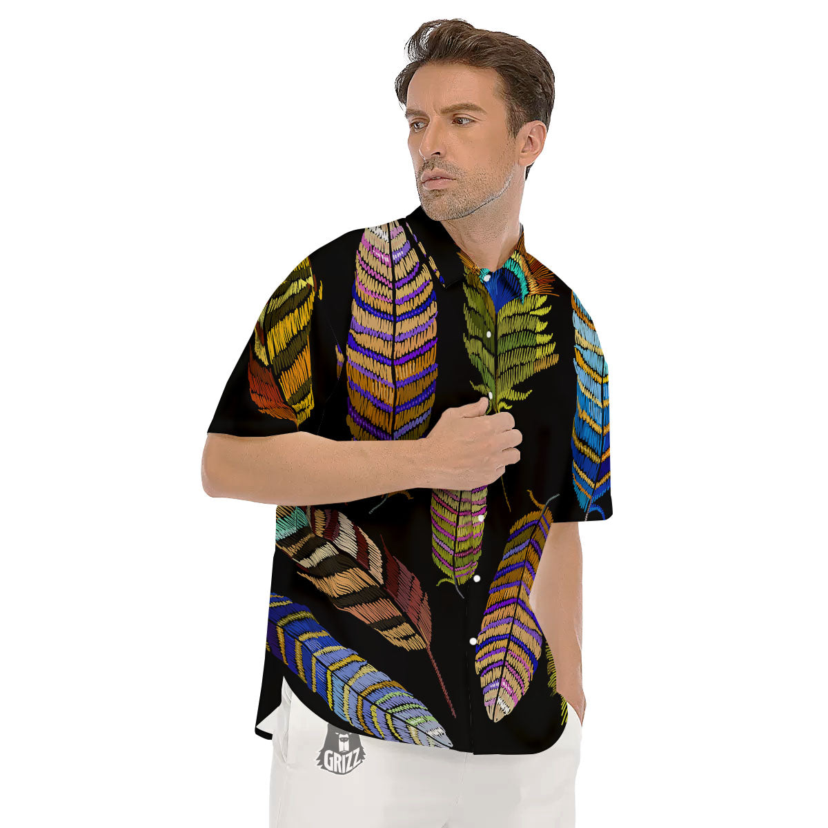 Feather Embroidery Peacock Print Men's Short Sleeve Shirts-grizzshop