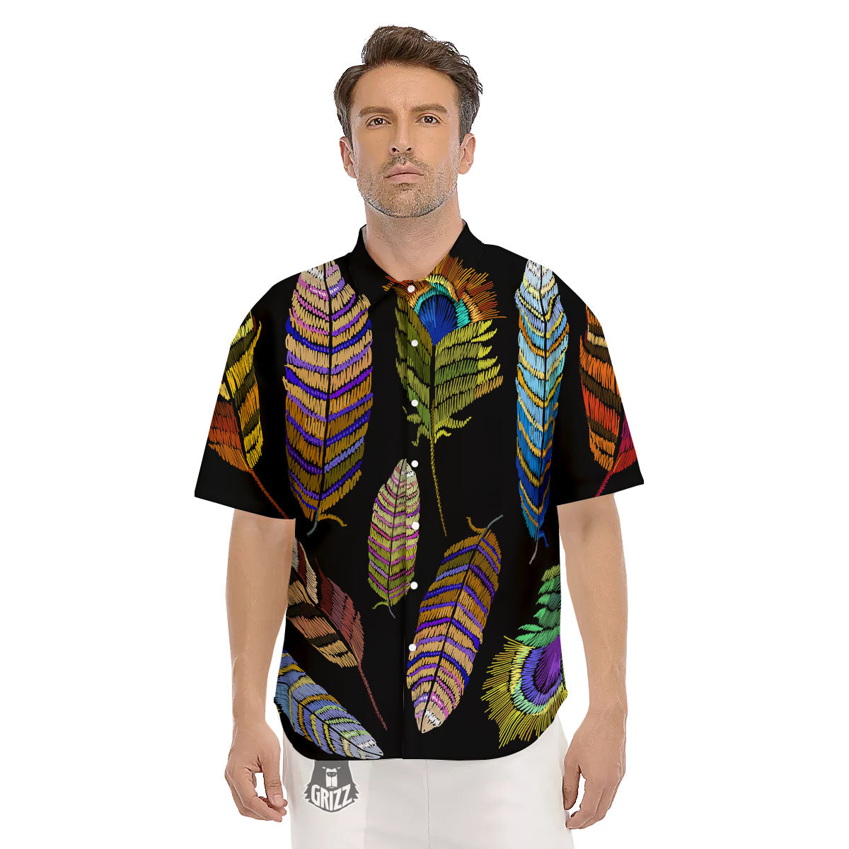 Feather Embroidery Peacock Print Men's Short Sleeve Shirts-grizzshop