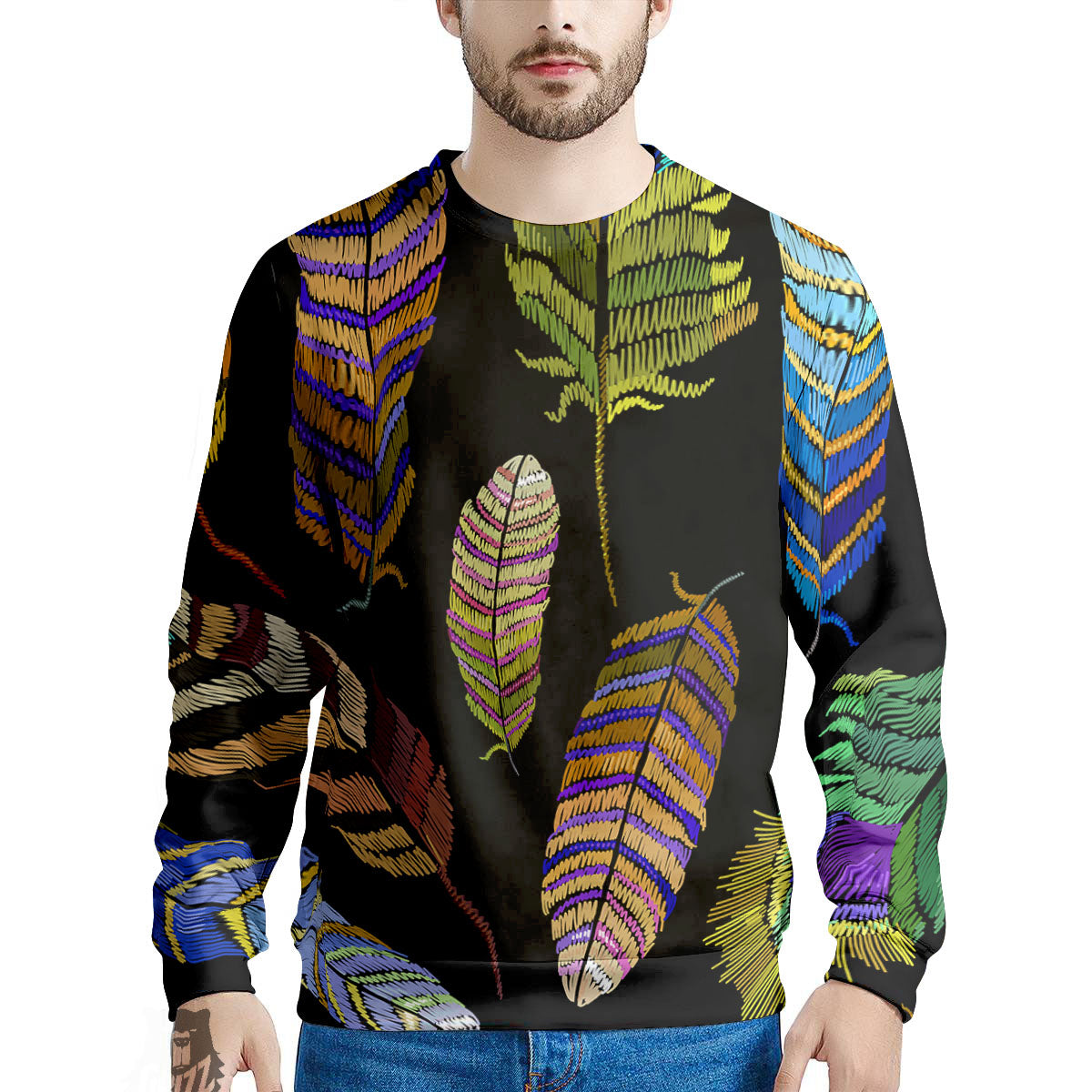 Feather Embroidery Peacock Print Men's Sweatshirt-grizzshop